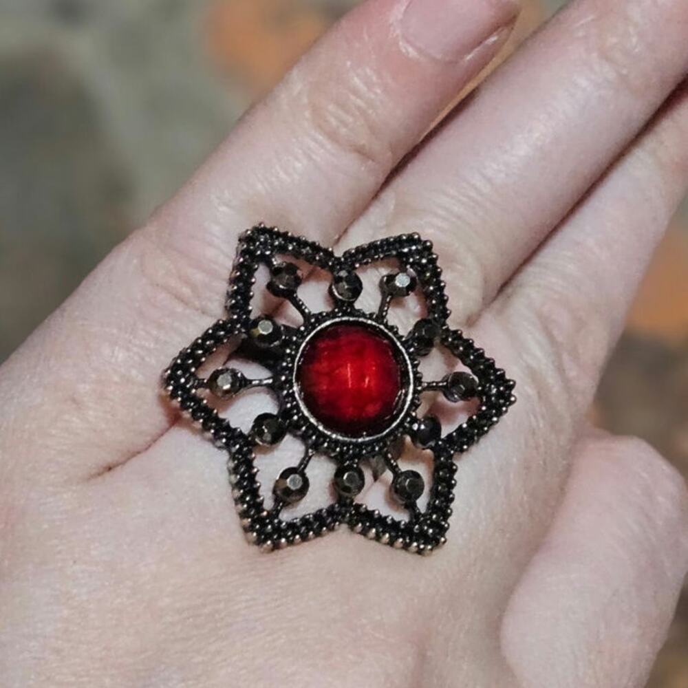 Boutique Boho Faux Red Stone in Silver-Tone Mixed Metal Adjustable Flower Ring